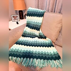 Hand Crochet ZigZag Pattern Handmade Blanket in Shades of Green and Cream Accent